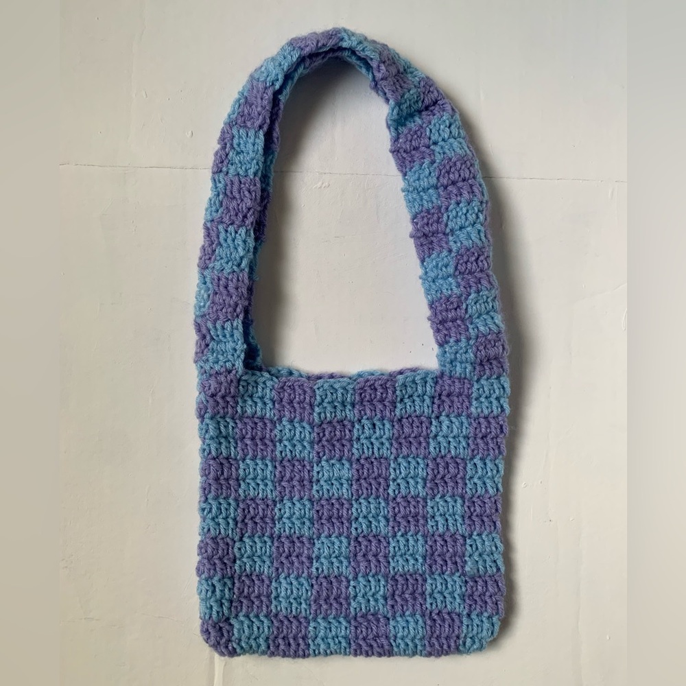Homemade mini checkered print crochet bag